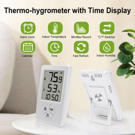 Urageuxy Digital Hygrometer Indoor Thermometer Humidity Meter with Temperature and Humidity Room Thermometer with Time Alarm Clock for Home, Bedroom, Baby Room, Office, Greenhouse, Cellar