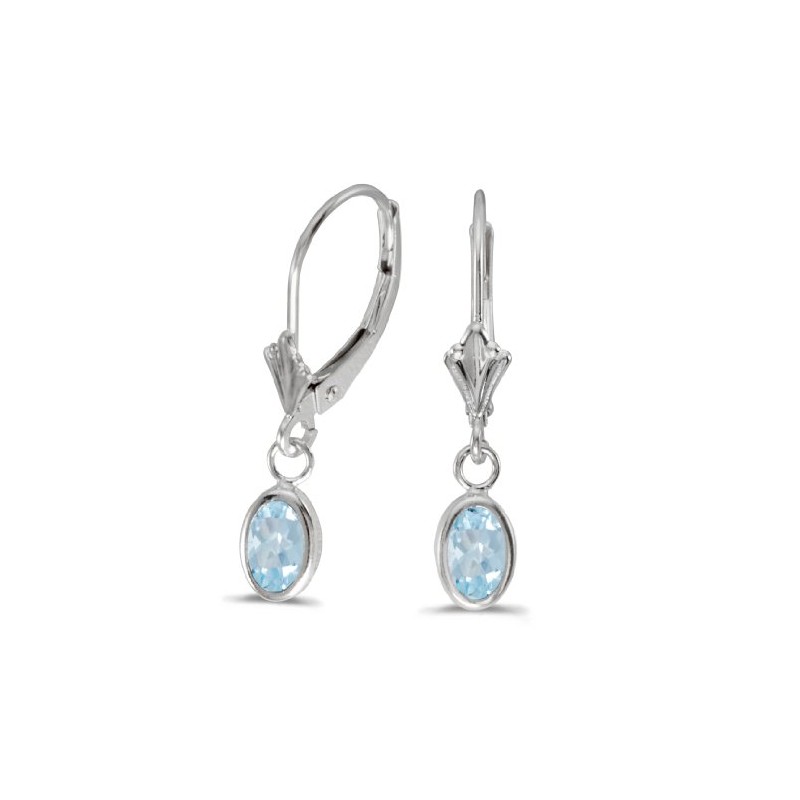 14k White Gold Oval Aquamarine Bezel Lever-back Earrings