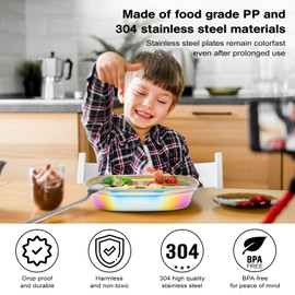 HKYOCEAN Stainless Steel Kids Plates 4-Pack - Toddler Plates Set with Lids & Baby-Safe Tray, Divided Large Capacity Non Toxic Kids Plate, BPA Free & Dishwasher Safe