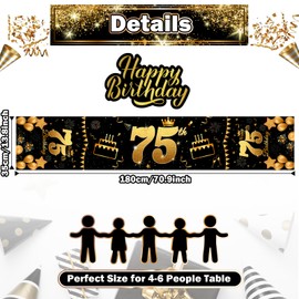 Happy 75th Birthday Table Runner Black Gold 72 Inch Long Celebrate 75th Birthday Table Runner for 75 Years Old Men Women Birthday Anniversary Party Decor Non-Slip Dining Table Linen Cloth Decorations