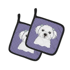 Caroline's Treasures BB1134PTHD Purple Checkered Maltese Pair of Pot Holders Kitchen Heat Resistant Pot Holders Sets Oven Hot Pads for Cooking Baking BBQ, 7 1/2 x 7 1/2