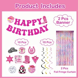 Cowgirl Birthday Party Decorations, Pink Disco Party Supplies with Foil Fringe Curtain, Hot Pink Happy Birthday Banner, Hanging Swirls for Girls Birthday Bachelorette Party