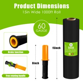 Cosy Family Plastic Wrap Stretch Film Roll - 1000ft 60 Gauge Industrial Strength 15 inch Wide Plastic Wrap Roll with Handles for Pallet Wrapping Shipping Moving - Black, Pack of 1