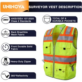 UNINOVA Class 2 Heavy Duty Surveyor Safety Vest Reflective for men, Safety Vests Reflective with Pockets and Zipper, High Visibility Construction Work Vest with Padded Neck