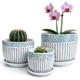 Vintage Flower Pots for Indoor Plant, Round Ceramic Plant Pots with Drainage Holes and Saucers, 6.7/5.2/3.9 Inches Retro Flower Planters Set of 3