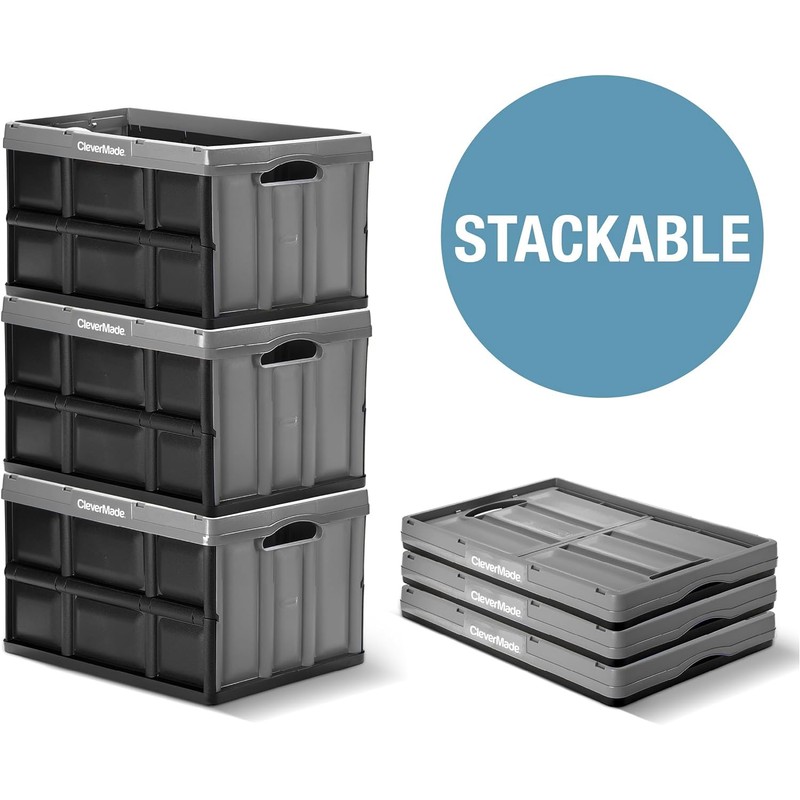CleverMade Collapsible Storage Bins with Lids - Obsidian 3-Pack 32L