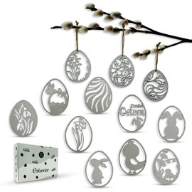 Birdart Box® 12x Ostereier zum Aufhängen – Osterdeko aus Holz, moderne Ostereier in premium Qualität 7cm (Silber)