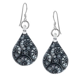 Chuvora 925 Sterling Silver Hand Blown Glass Filigree Tree of Life Black Art Pear Teardrop Dangle Hook Earrings for Women
