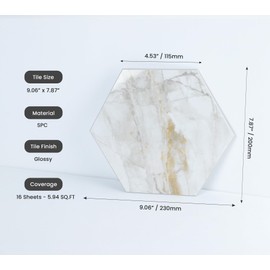 16-Piece Hexagon Peel and Stick Backsplash Tiles, 9"x7.87" Self Adhesive Glossy Faux Marble Wall Tile, Waterproof Stone Composite Kitchen Bathroom Backsplash for DIY Home Decor