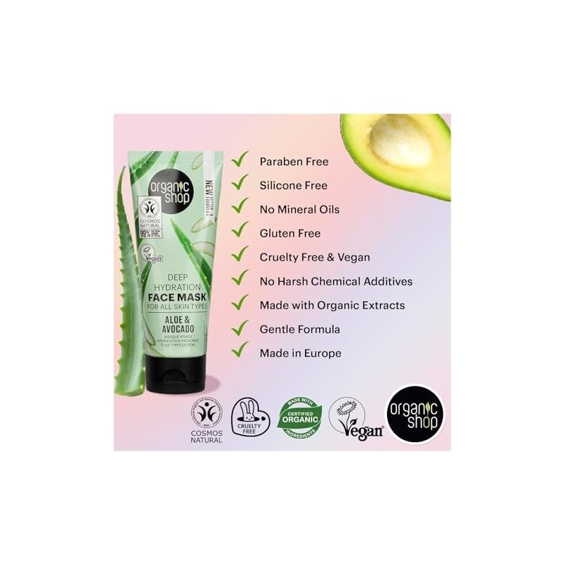 Mascarilla Facial Orgánica Hidratante de Aguacate y Aloe, 75 ml,
