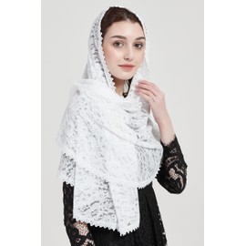 Floral Lace Veil Church Chapel Veil Scarf Church Veil for Mass Long Head Covering for Women Y077 (Ivory)