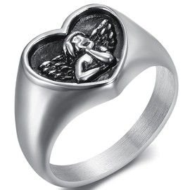 Jude Jewelers Stainless Steel Heart Shaped Signet Style Angel Pattern Statement Promise Wedding Ring (Silver, 8)