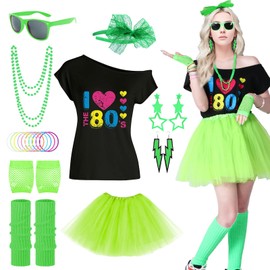 80s Outfit Women's Costume Women's 80s Clothing Women's Set, Costume Accessory Set with T-Shirt Tutu Headband Earring Necklace for Theme Party, Carnival (Green Set, XL)