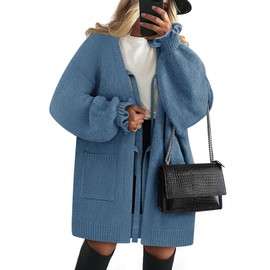 Women's Casual Lightweight Long Sleeve Pockets Cardigan Sweater Plus Size Soft Drape Open Front Chunky Cardigan Blue 2XL