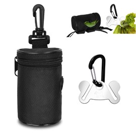 Dog Poop Bag Holder for Leash Attachment - Waste Bag Dispenser for Leash - Fits Any Dog Leash - Portable Set with Hand Free Holder Metal Carrier, Black Round Shape