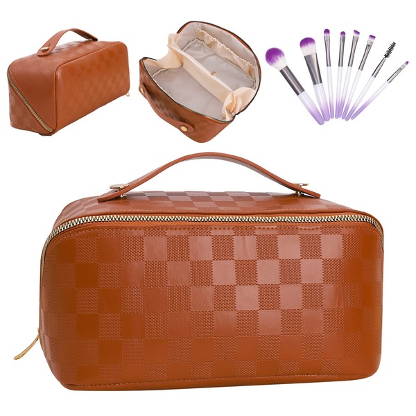 POBIDOBY New Version Travel Cosmetic Bag, Makeup bag with 8PCS Burshes Waterproof Portable with Handle and Divider Skincare Bag, PU Leather Large Capacity Hanging Toiletry Bag-Brown Plaid