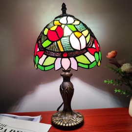 XPHMXP Tiffany Table Lamp Red Pink Tulips Stained Glass Desk Lamp Vintage Bedside Lamp Included 3-Way Dimmable LED Bulb for Home Living Room Nightstand Bedroom Office
