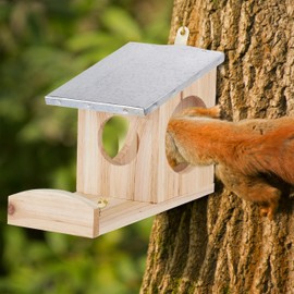 Relaxdays Wooden Squirrel and Bird Feeder Weatherproof Metal Roof, for Hanging, Garden Feeding Station, Choice of Colours, natural