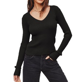 Lacozy Sweaters for Women Long Sleeve V-Neck Top Lightweight Ribbed Knit Black Sweater Fall Trendy Clothes S