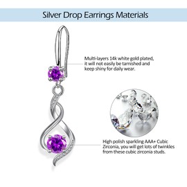 CERSLIMO Silver Drop Earrings for Women - Sterling Silver Dangle Earrings with Cubic Zirconia, Linear Twisted Hypoallergenic Dangly Earring for Girls | Jewellery Birthday Christmas Gifts, Purple