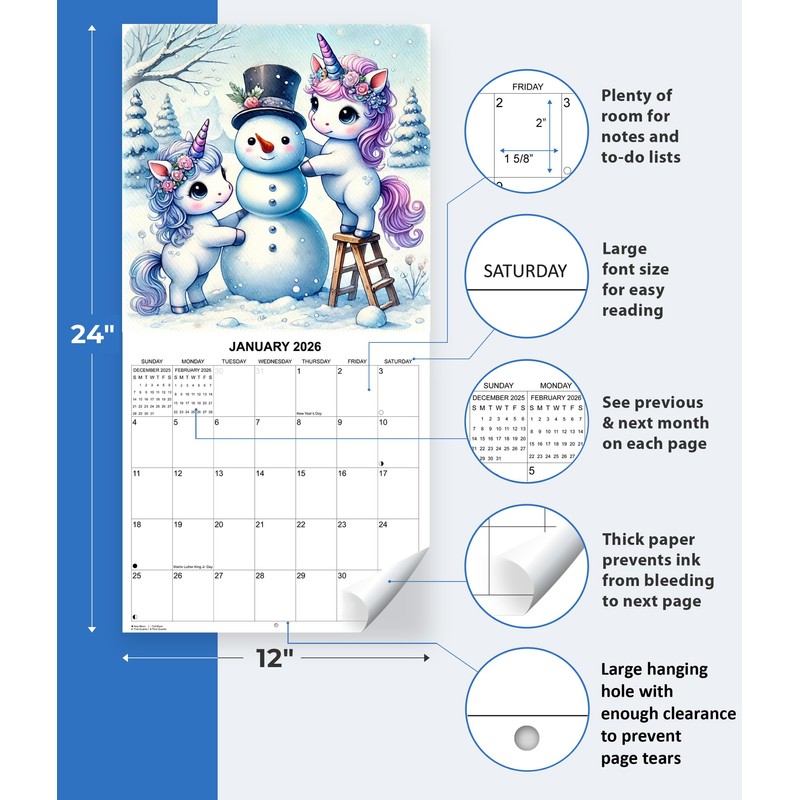 2026 Unicorns Monthly Wall Calendar | 12" x 24" |