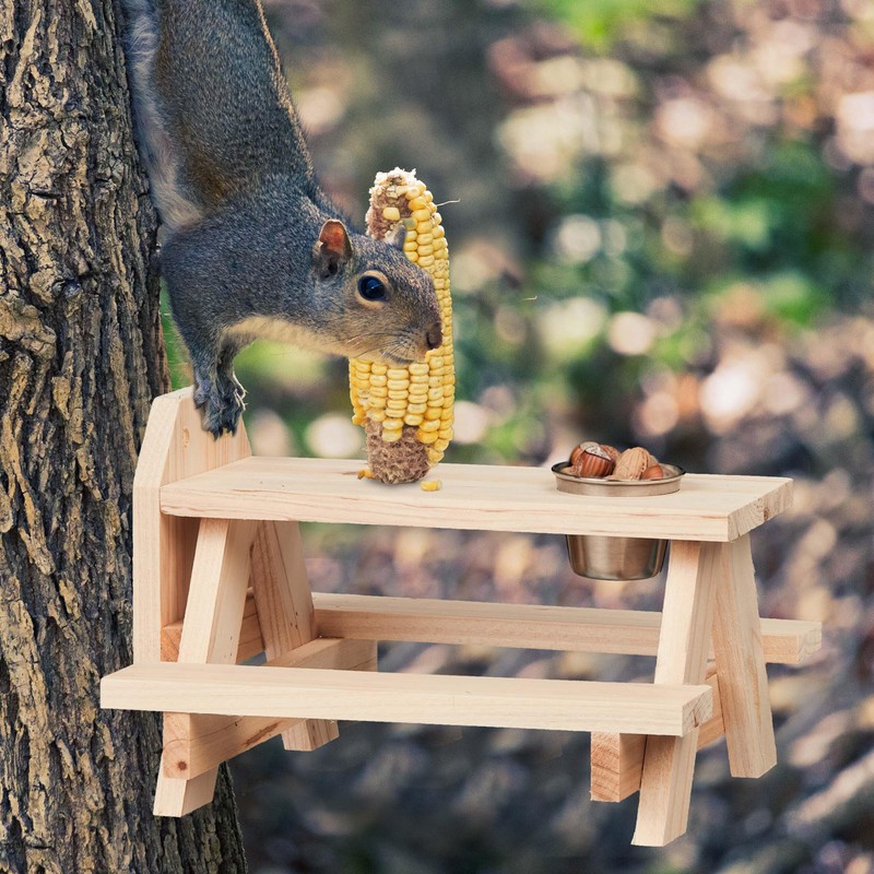 Relaxdays Squirrel Table, Wood, Squirrel Feeder with Corn Cob Holder,