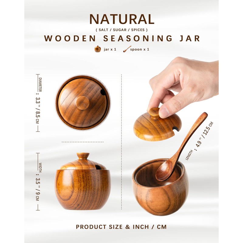 Hefild Jujube Wood Salt Container for Countertop, 6 Ounces Capacity