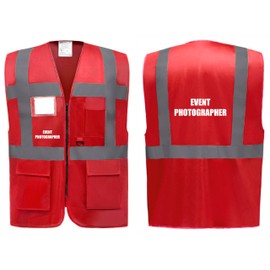 Event Photographer Superior Zipped Hi Vis Vest High Visibility Safety Waistcoat Pockets Reflective Bands Event Staff, Event Support, 12 Colour Options, Brook Hi Vis (Red, Large)