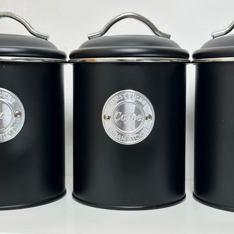 Darthome Black Tea Coffee Sugar Canisters Metal Airtight Lid Kitchen