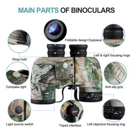 QUNSE 10X50 Marine Binoculars for Adults, Waterproof Binoculars with Rangefinder Compass,BAK4 Prism Navigation Birdwatching Hunting (Camouflage)