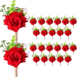 Sherr Set of 24 Red Boutonniere for Men Rose Wedding Pocket Boutonniere with Pins Groom Groomsmen Corsage Man Suit Buttonholes Flower for Anniversary Party Prom Decoration Funeral Pins