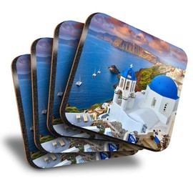 Destination Vinyl ltd Great Coasters (Set of 4) Square - Santorini Greece Greek Travel Beach Drink Glossy Coasters/Tabletop Protection for Any Table Type #24142