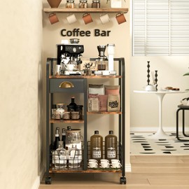 keomaisyto Coffee Cart with Storage Drawer, Coffee Bar Cabinet with Wheels, 4-Tier Adjustable Mobile Coffee Table, Rustic Wood Coffee Bar Station for Kitchen/Entrance/Living Room/Dining Room