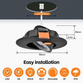 YindaLux Set of 6 LED Recessed Spotlights 230 V Dimmable 45° Swivelling LED Spotlights 5 W IP44 Ceiling Spotlights LED 68-80 mm Hole Size 3000 K / 4000 K / 6000 K Recessed Spotlights for Bathroom