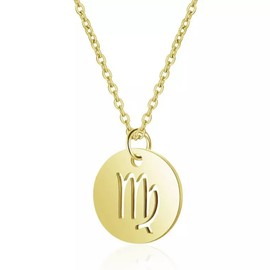 Gold Star Sign Disc Pendant Chain Necklace - Virgo (23rd August - 22nd September) - Zodiac Constellation Horoscope Celestial Astrology Jewellery - Women Men Gift