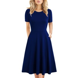 Women's Elegant Vintage Business Casual Floral Print Work Party A-Line Swing Dress with Pockets 162 (XL, Royal Blue)