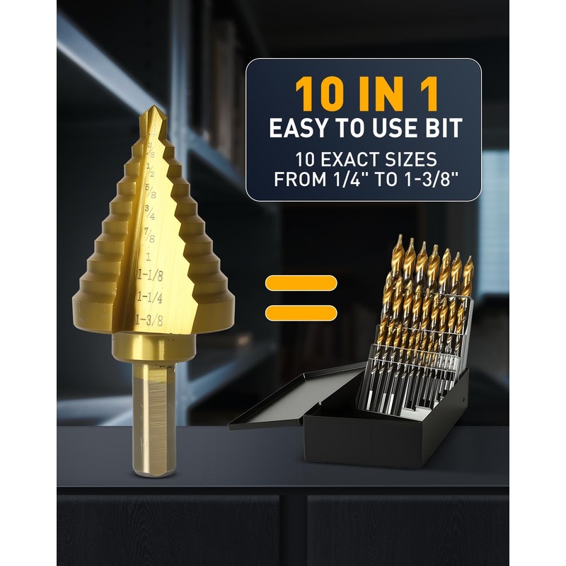 COMOWARE Step Drill Bit for Metal, Titanium Coated, Double Cutting