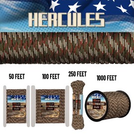 HERCULES Type III Paracord 550 Paracord Rope Parachute Cord, 50' Camo Paracord for Survival Paracord, Survival Cord