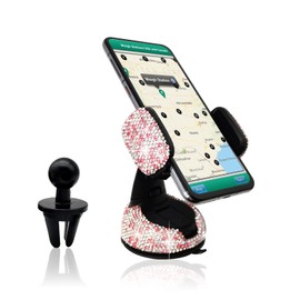 Bling Car Phone Holder, 360°Adjustable Crystal Auto Phone Mount Universal Rhinestone with One More Air Vent Base, Crystal Car Interior Decoration, for Windshield, Dashboard and Air Vent (Pink)
