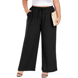 Lastshe Women's Plus Size Wide Leg Pants Summer Stretchy Drawstring Waistband Comfortable Fit Casual Trousers Pants with Pockets,Black,1X