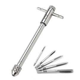 Saipor Adjustable T-Handle Ratchet Tap Holder Wrench (248mm/9.76'') with 5pcs M3-M8 Machine Screw Thread Metric Plug T-Shaped Tap Manual Thread Tapping Wrench Tool Set for Metal/Aluminum/Plastic/Wood