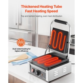 VEVOR Commercial Panini Grill, 1800W Electric Sandwich Panini Maker, Stainless Steel Sandwichs Press Grill with Handle and Temp Control, 8.8x9 in Flat Enamel Plate, for Hamburger Steak Bacon