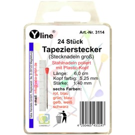 Yline Pack of 24 wallpapering pins with plastic head, assorted colours, approx. 60 mm, jewellery pins, large, 3114