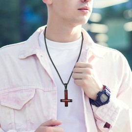 OIDEA Wooden Inverted Cross Necklace for Men: Black Gothic Stainless Steel Crucifix Pendant Upside Down Cross Necklace Satan Jewelry Amulet Jewelry Gifts