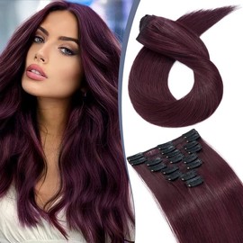 Clip in Hair Extensions,TESS Clip in Human Hair Extensions,clip in hair extensions 100% real human hair,Double Weft Hair Extensions Clip in Human Hair 8pcs 18 Clips,#99J Wine Red 60g 14 Inch