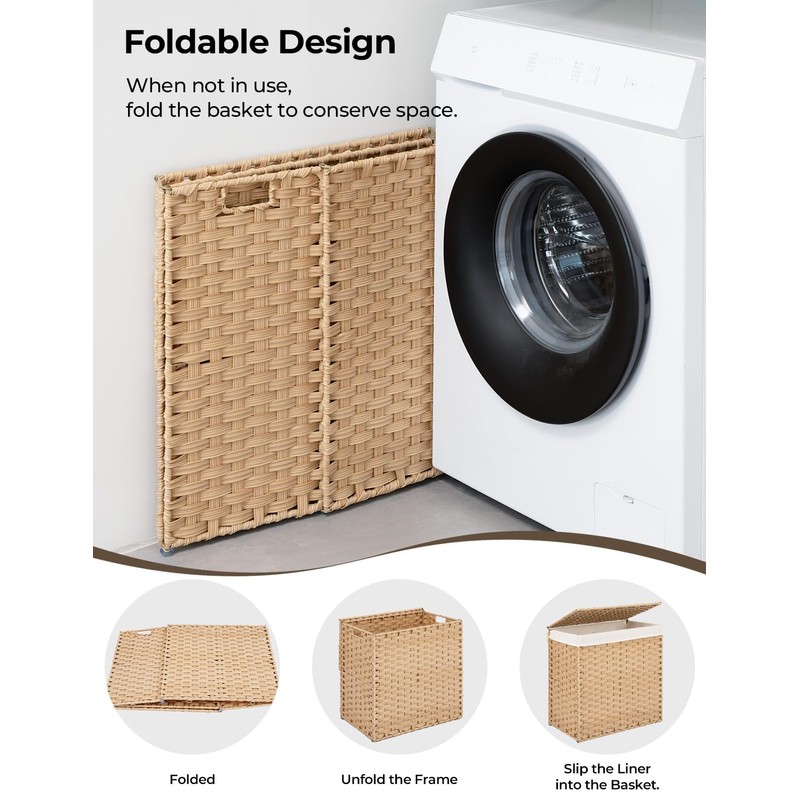 StorageWorks 110L Wicker Laundry Hamper with Lid, 2 Section Wicker