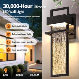 15'' Outdoor Wall Lights 2 Packs, Modern Porch Light 3000K Integrated LED Outdoor Sconce, Exterior Lighting Fixtures with Rippled Glass, Waterproof Outside Lights for House Garage Patio, Black