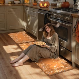 KIMODE Anti Fatigue Kitchen Mats Cushioned, Boho Floral Kitchen Rugs Sets of 2, Fall Kitchen Mat for Floor, Memory Foam Standing Desk Mat for Laundry Office Sink Desk Orange Halloween 17"x47"+17"x29"