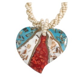 Avalaya Heart Shell Pendant with Antique White Twisted Cord Necklace in White/Teal/Red Colours - 44cm Long
