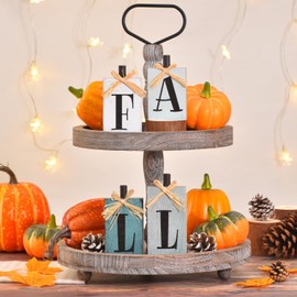Ovootok Fall Decorations for Home, 4 Pcs Rustic Farmhouse Home Decor Signs, FALL Centerpieces for Tables, Autumn Decor Sign Block Set for Thanksgiving Party Harvest Kitchen Tiered Tray Mantel (blue)